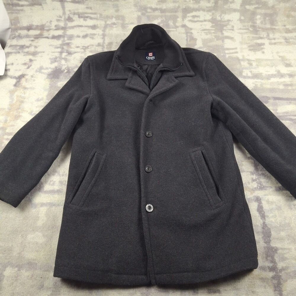 Chaps Mens 70% Wool Blend Car Coat Charcoal Gray Quilted Inner Bib Jacket Sz...